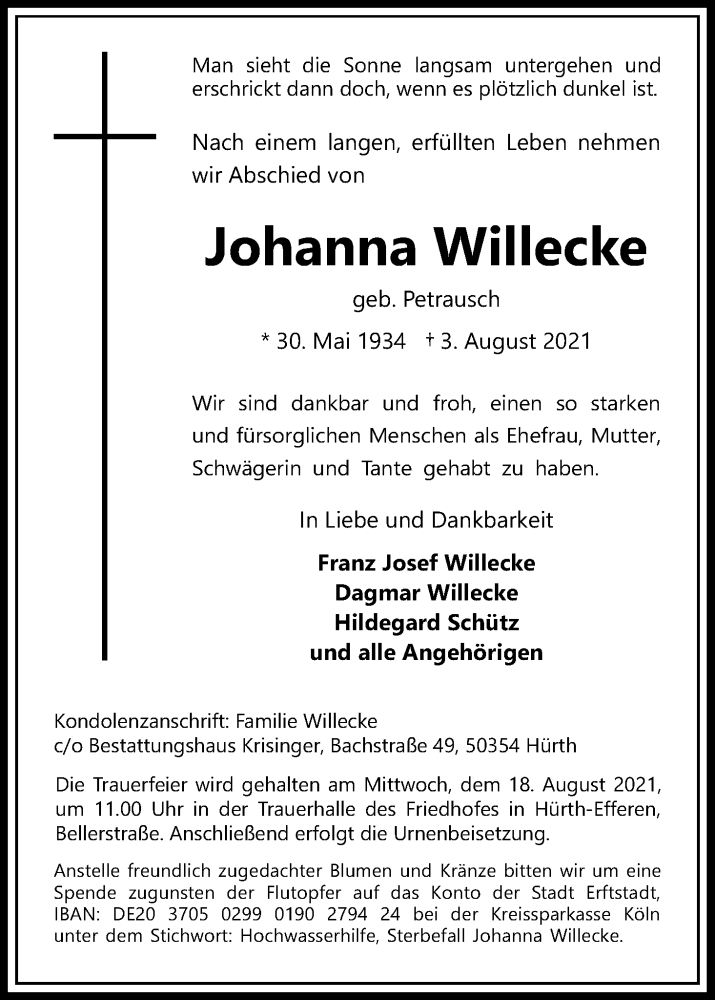  Traueranzeige für Johanna Willecke vom 14.08.2021 aus Kölner Stadt-Anzeiger / Kölnische Rundschau / Express