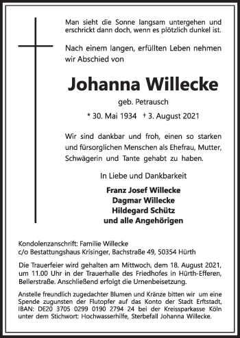 Anzeige von Johanna Willecke von  Wochenende 