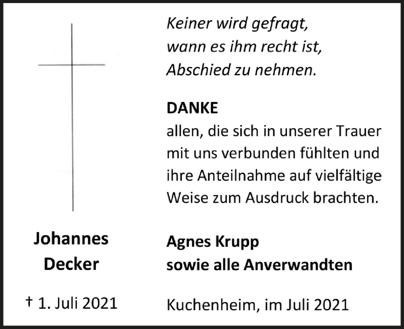  Traueranzeige für Johannes Decker vom 07.08.2021 aus  Blickpunkt Euskirchen 