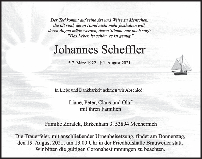  Traueranzeige für Johannes Scheffler vom 06.08.2021 aus  Wochenende 