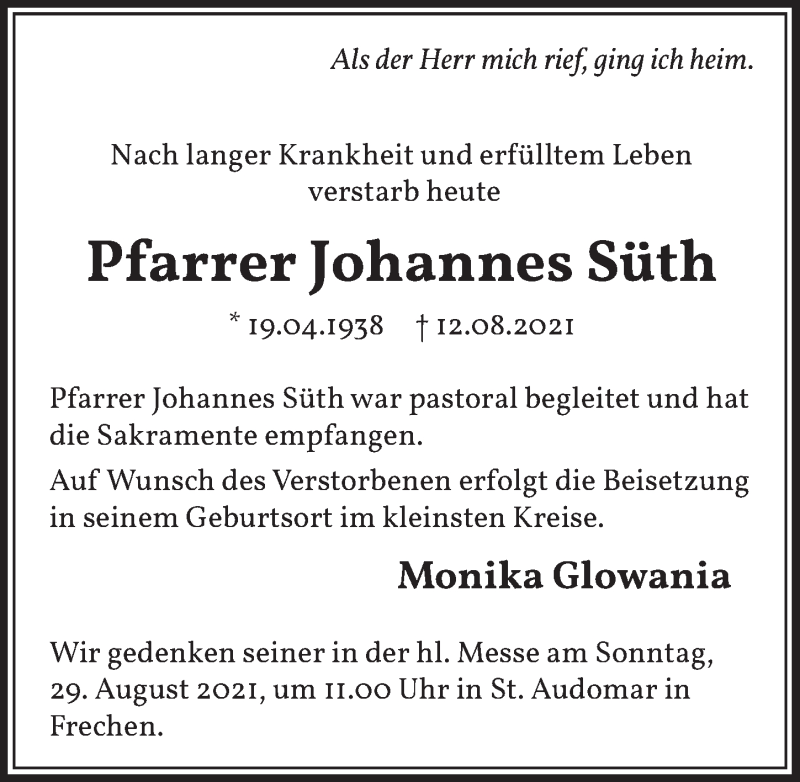  Traueranzeige für Johannes Süth vom 20.08.2021 aus  Wochenende 