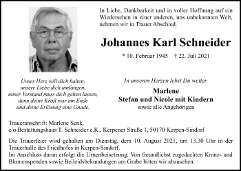 Anzeige von Johannes Karl Schneider von Kölner Stadt-Anzeiger / Kölnische Rundschau / Express