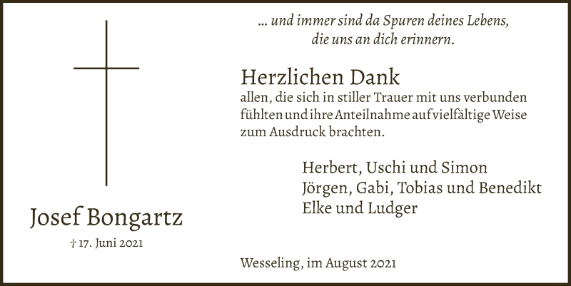  Traueranzeige für Josef Bongartz vom 20.08.2021 aus  Schlossbote/Werbekurier 