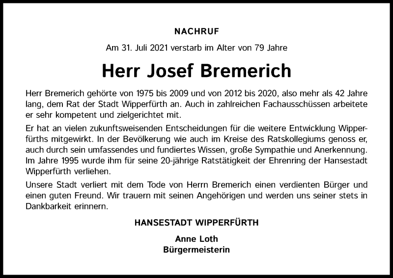  Traueranzeige für Josef Bremerich vom 09.08.2021 aus Kölner Stadt-Anzeiger / Kölnische Rundschau / Express
