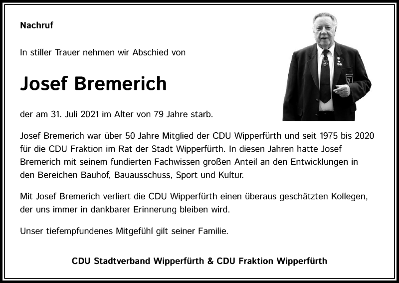  Traueranzeige für Josef Bremerich vom 13.08.2021 aus Kölner Stadt-Anzeiger / Kölnische Rundschau / Express