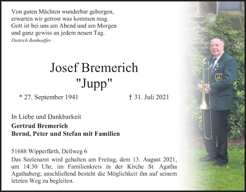  Traueranzeige für Josef Bremerich vom 07.08.2021 aus Kölner Stadt-Anzeiger / Kölnische Rundschau / Express