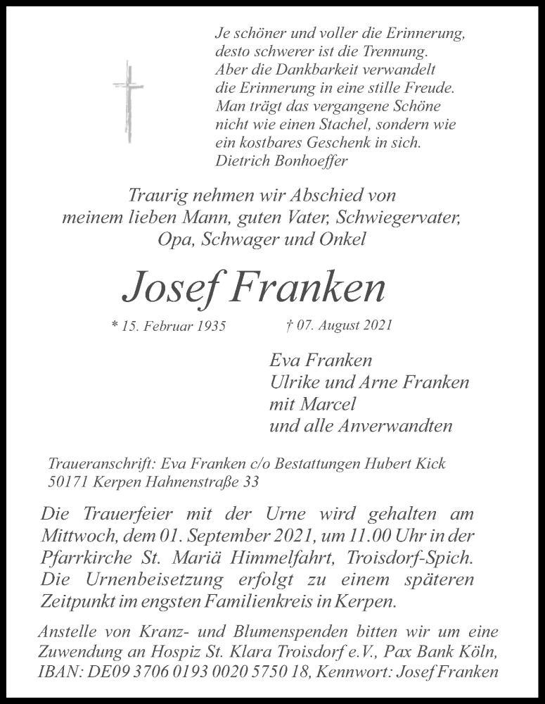  Traueranzeige für Josef Franken vom 28.08.2021 aus Kölner Stadt-Anzeiger / Kölnische Rundschau / Express