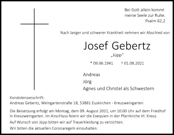 Anzeige von Josef Gebertz von Kölner Stadt-Anzeiger / Kölnische Rundschau / Express