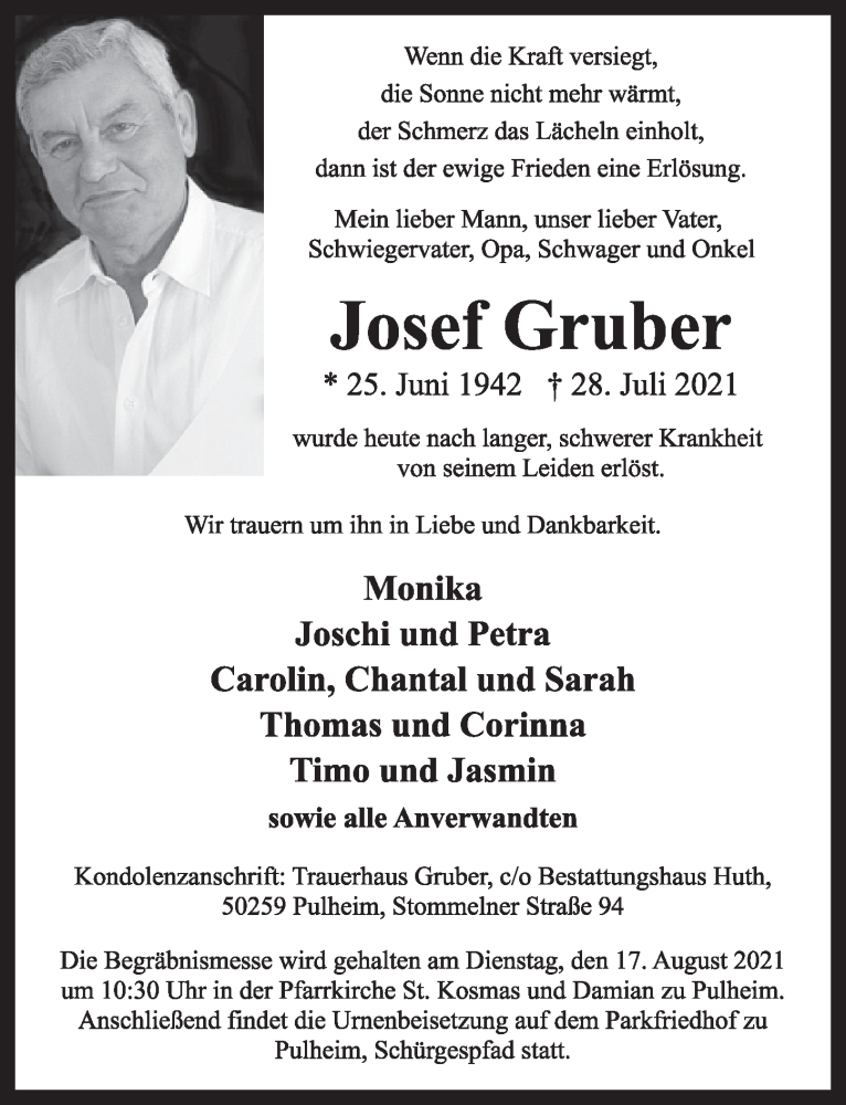  Traueranzeige für Josef Gruber vom 06.08.2021 aus  Wochenende 