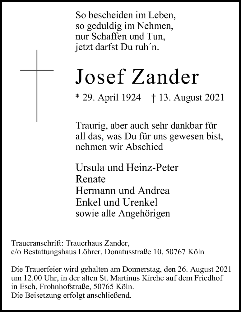  Traueranzeige für Josef Zander vom 21.08.2021 aus Kölner Stadt-Anzeiger / Kölnische Rundschau / Express