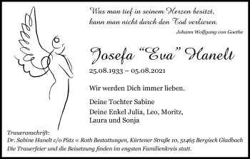 Anzeige von Josefa Hanelt von Kölner Stadt-Anzeiger / Kölnische Rundschau / Express
