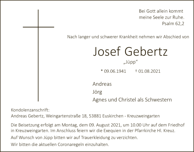  Traueranzeige für Josef Gebertz Gebertz vom 07.08.2021 aus  Blickpunkt Euskirchen 