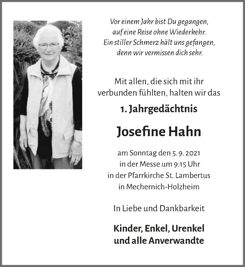  Traueranzeige für Josefine Hahn vom 28.08.2021 aus  Blickpunkt Euskirchen 