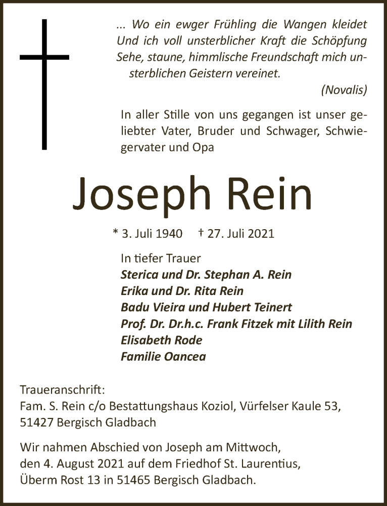  Traueranzeige für Joseph Rein vom 06.08.2021 aus  Bergisches Handelsblatt 