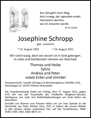 Anzeige von Josephine Schropp von Kölner Stadt-Anzeiger / Kölnische Rundschau / Express