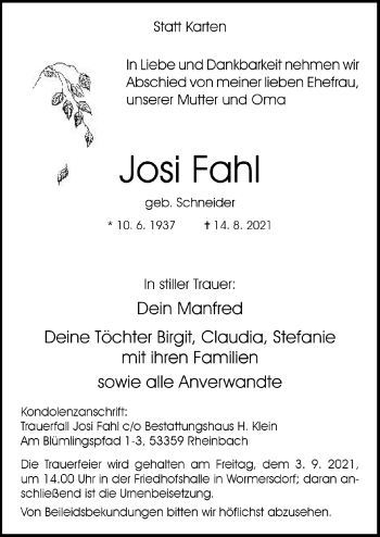 Anzeige von Josi Fahl von  Schaufenster/Blickpunkt 