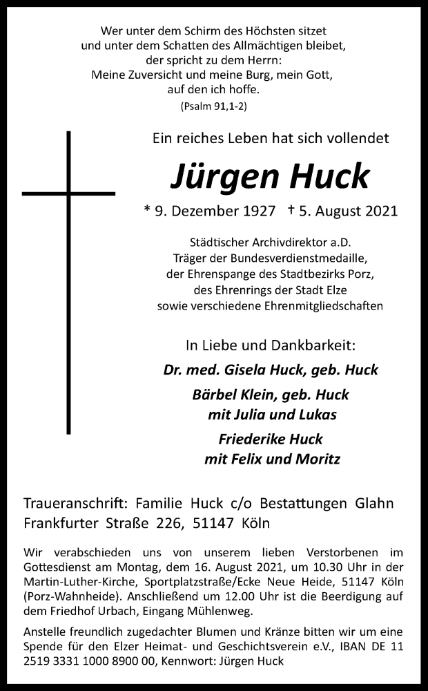  Traueranzeige für Jürgen Huck vom 11.08.2021 aus Kölner Stadt-Anzeiger / Kölnische Rundschau / Express
