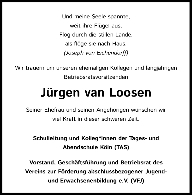  Traueranzeige für Jürgen van Loosen vom 14.08.2021 aus Kölner Stadt-Anzeiger / Kölnische Rundschau / Express