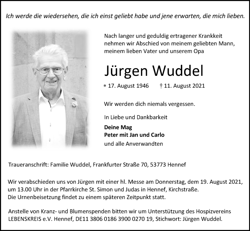  Traueranzeige für Jürgen Wuddel vom 14.08.2021 aus Kölner Stadt-Anzeiger / Kölnische Rundschau / Express