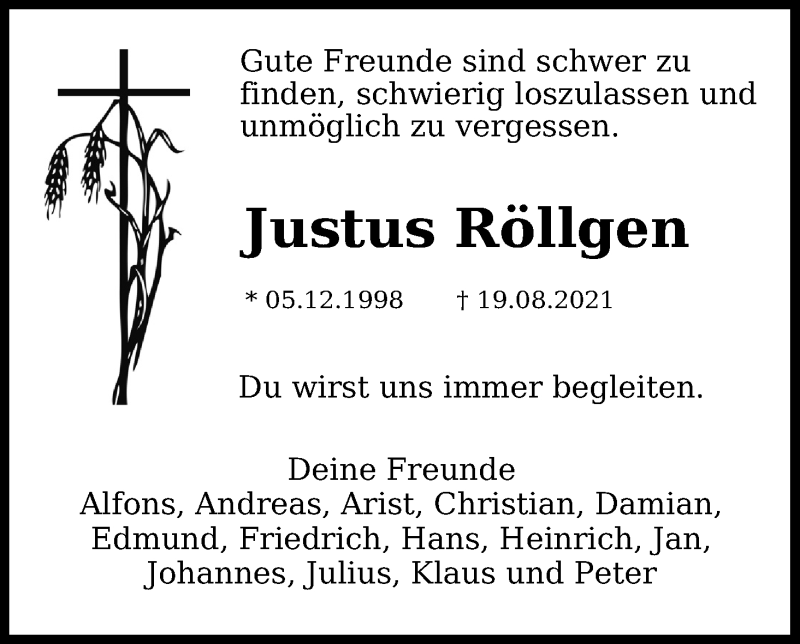  Traueranzeige für Justus Franz Andreas Maria Röllgen vom 28.08.2021 aus Kölner Stadt-Anzeiger / Kölnische Rundschau / Express