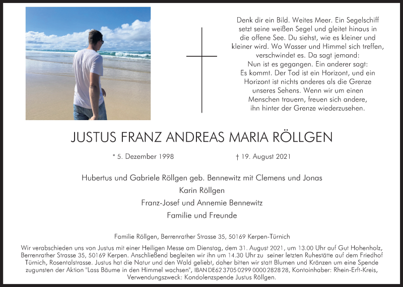  Traueranzeige für Justus Franz Andreas Maria Röllgen vom 28.08.2021 aus Kölner Stadt-Anzeiger / Kölnische Rundschau / Express
