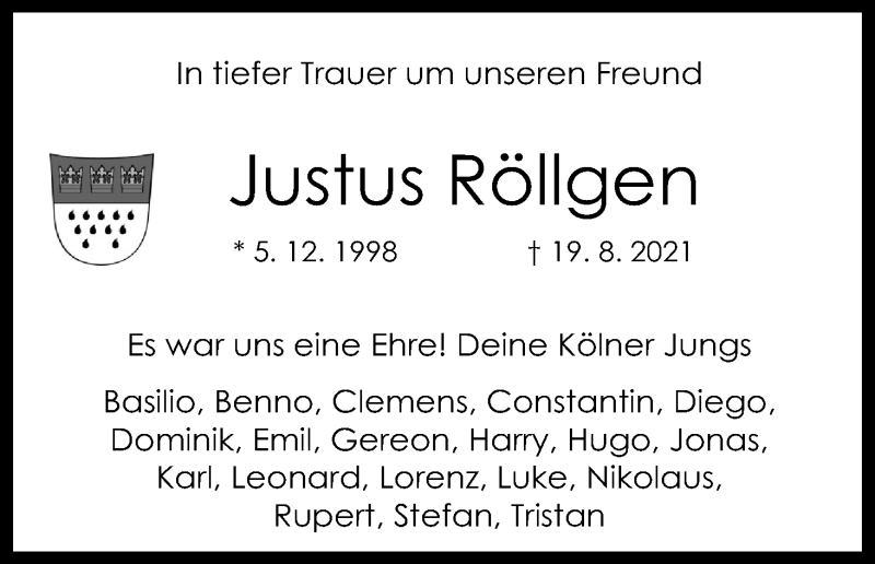  Traueranzeige für Justus Franz Andreas Maria Röllgen vom 28.08.2021 aus Kölner Stadt-Anzeiger / Kölnische Rundschau / Express