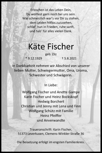 Anzeige von Käte Fischer von Kölner Stadt-Anzeiger / Kölnische Rundschau / Express