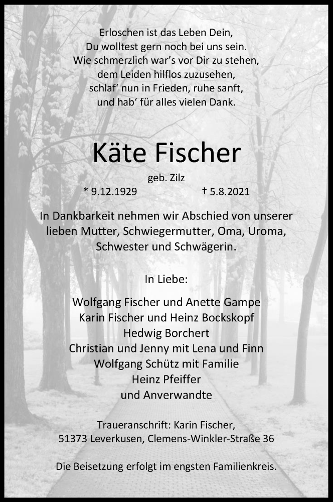  Traueranzeige für Käte Fischer vom 28.08.2021 aus Kölner Stadt-Anzeiger / Kölnische Rundschau / Express