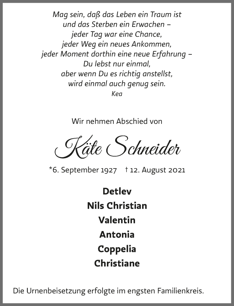  Traueranzeige für Käte Schneider vom 27.08.2021 aus  Lokalanzeiger 
