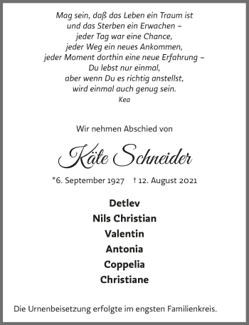 Anzeige von Käte Schneider von  Lokalanzeiger 
