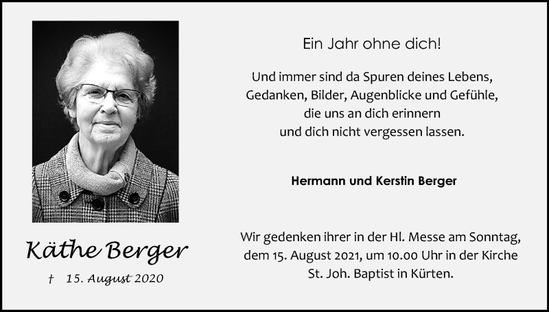  Traueranzeige für Käthe Berger vom 14.08.2021 aus Kölner Stadt-Anzeiger / Kölnische Rundschau / Express