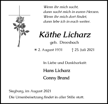 Anzeige von Käthe Licharz von Kölner Stadt-Anzeiger / Kölnische Rundschau / Express