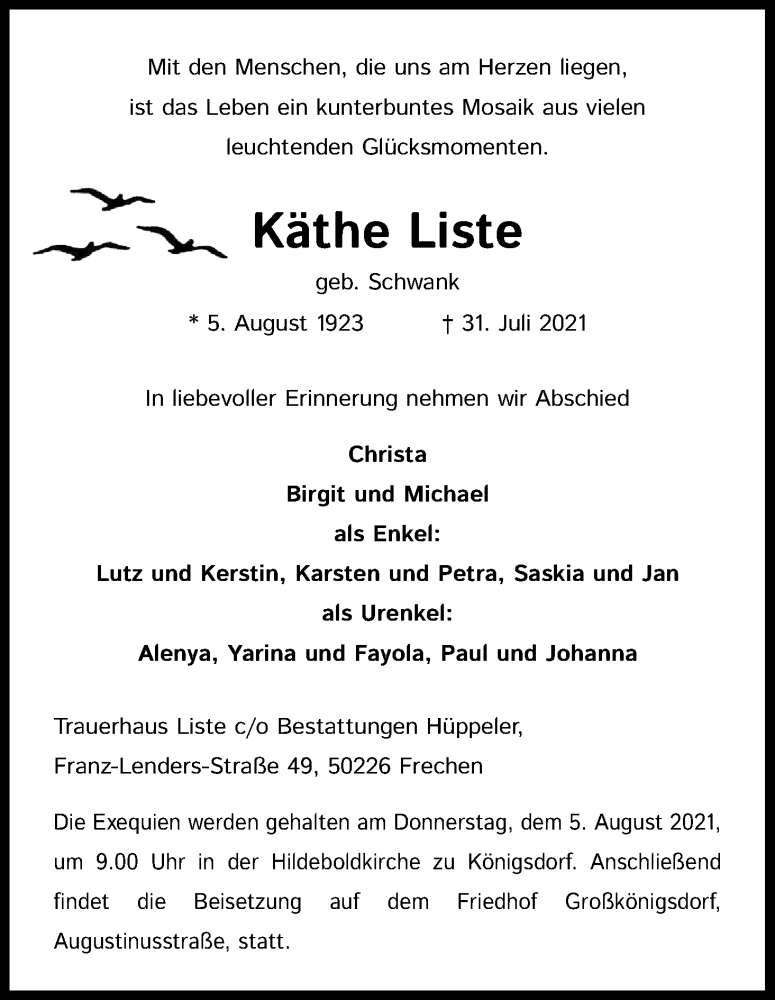  Traueranzeige für Käthe Liste vom 04.08.2021 aus Kölner Stadt-Anzeiger / Kölnische Rundschau / Express