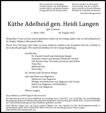 Anzeige von Käthe Adelheid Langen von Kölner Stadt-Anzeiger / Kölnische Rundschau / Express