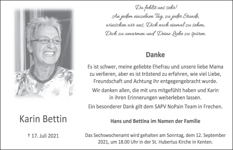  Traueranzeige für Karin Bettin vom 27.08.2021 aus  Werbepost 