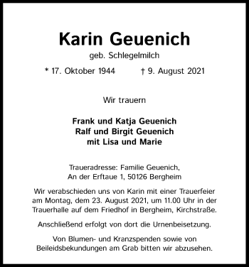 Anzeige von Karin Geuenich von Kölner Stadt-Anzeiger / Kölnische Rundschau / Express