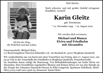 Anzeige von Karin Gleitz von Kölner Stadt-Anzeiger / Kölnische Rundschau / Express