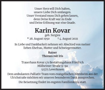 Anzeige von Karin Kovar von Kölner Stadt-Anzeiger / Kölnische Rundschau / Express