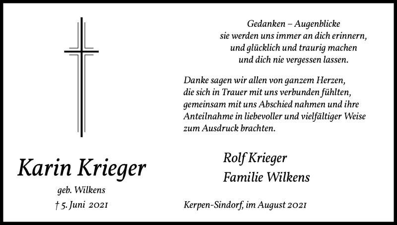  Traueranzeige für Karin Krieger vom 14.08.2021 aus Kölner Stadt-Anzeiger / Kölnische Rundschau / Express