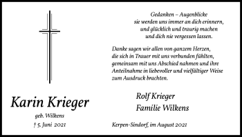 Anzeige von Karin Krieger von Kölner Stadt-Anzeiger / Kölnische Rundschau / Express