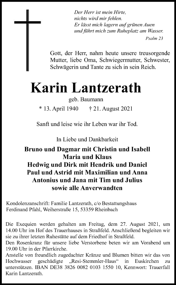  Traueranzeige für Karin Lantzerath vom 26.08.2021 aus Kölner Stadt-Anzeiger / Kölnische Rundschau / Express