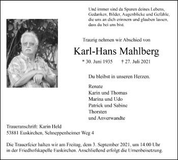 Anzeige von Karl-Hans Mahlberg von  Blickpunkt Euskirchen 