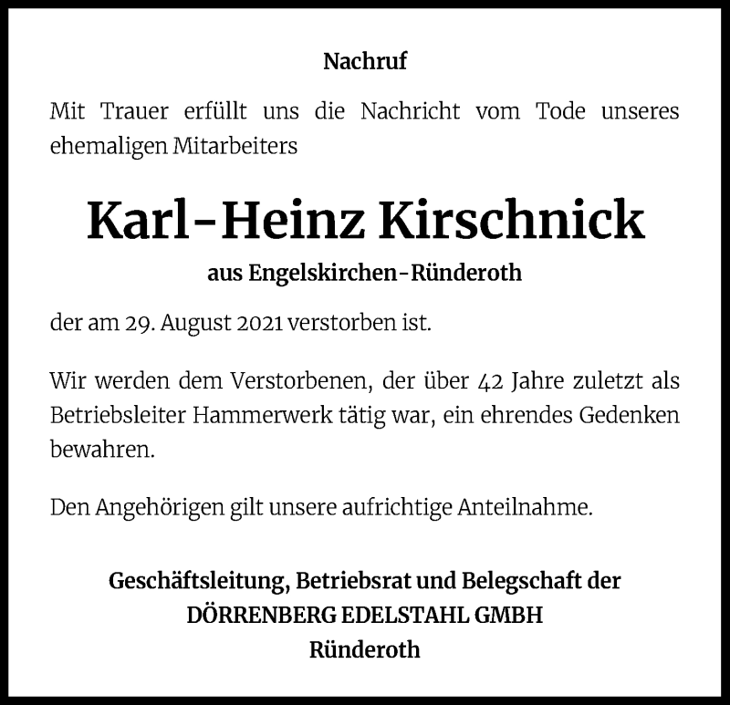  Traueranzeige für Karl-Heinz Kirschnick vom 31.08.2021 aus Kölner Stadt-Anzeiger / Kölnische Rundschau / Express