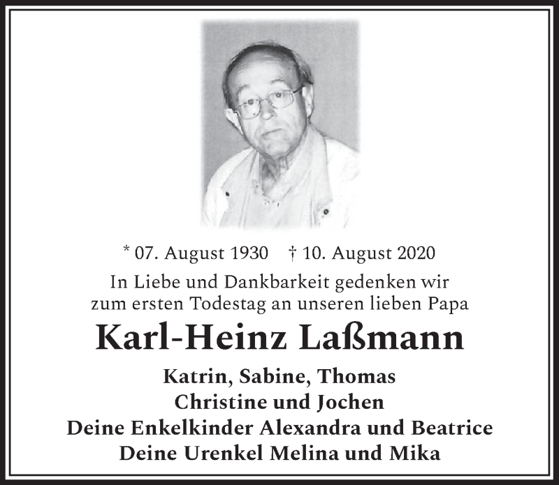  Traueranzeige für Karl-Heinz Laßmann vom 13.08.2021 aus  Werbepost 