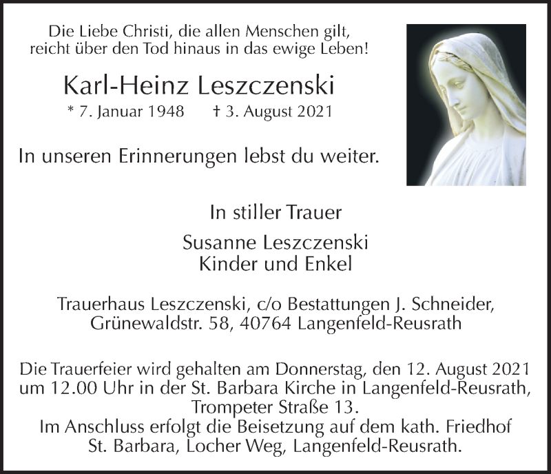  Traueranzeige für Karl-Heinz Leszczenski vom 07.08.2021 aus Kölner Stadt-Anzeiger / Kölnische Rundschau / Express