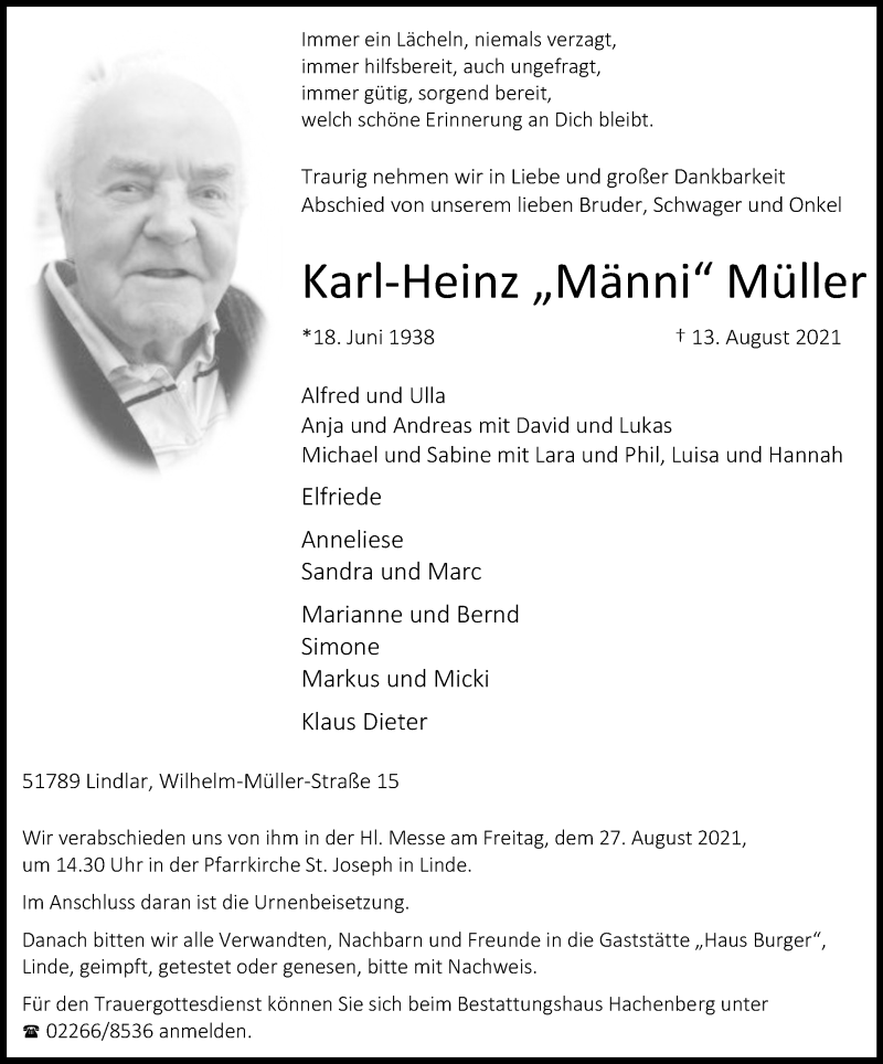  Traueranzeige für Karl-Heinz Müller vom 21.08.2021 aus Kölner Stadt-Anzeiger / Kölnische Rundschau / Express