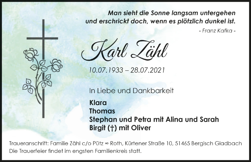  Traueranzeige für Karl Lähl vom 06.08.2021 aus  Bergisches Handelsblatt 