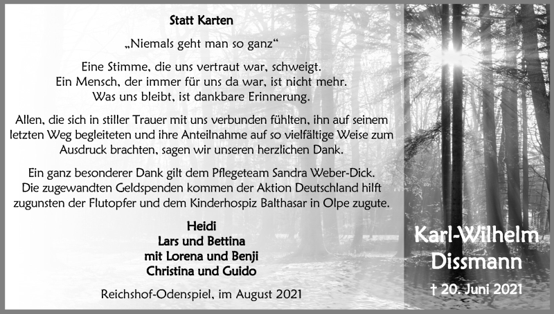  Traueranzeige für Karl-Wilhelm Dissmann vom 28.08.2021 aus Kölner Stadt-Anzeiger / Kölnische Rundschau / Express