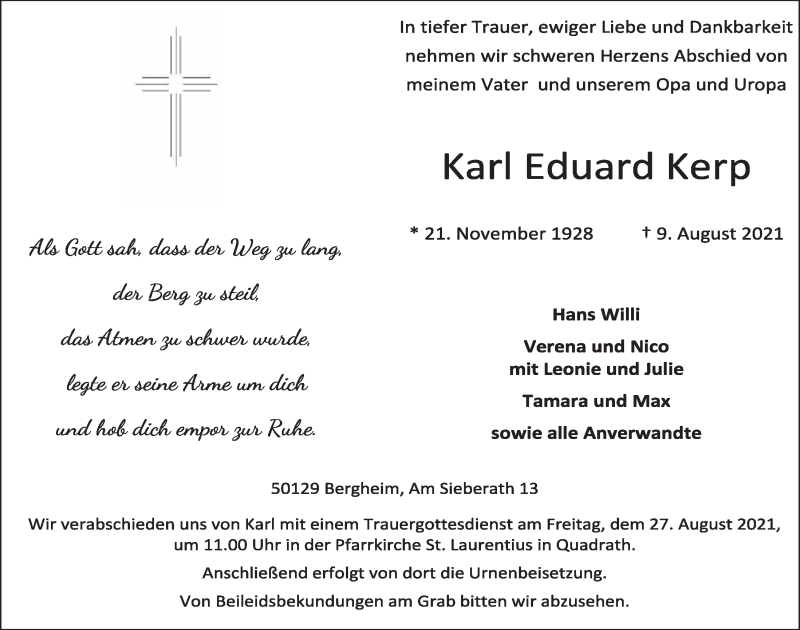  Traueranzeige für Karl Eduard Kerp vom 20.08.2021 aus  Werbepost 