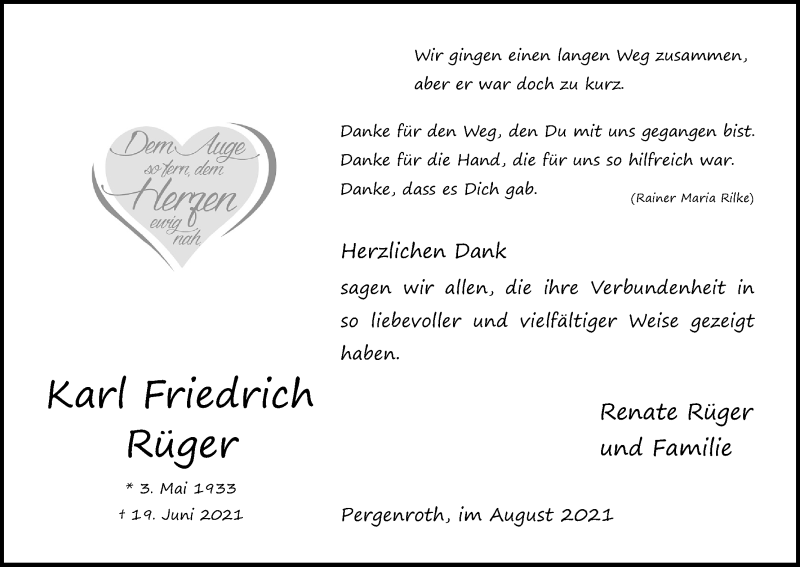  Traueranzeige für Karl Friedrich Rüger vom 28.08.2021 aus Kölner Stadt-Anzeiger / Kölnische Rundschau / Express